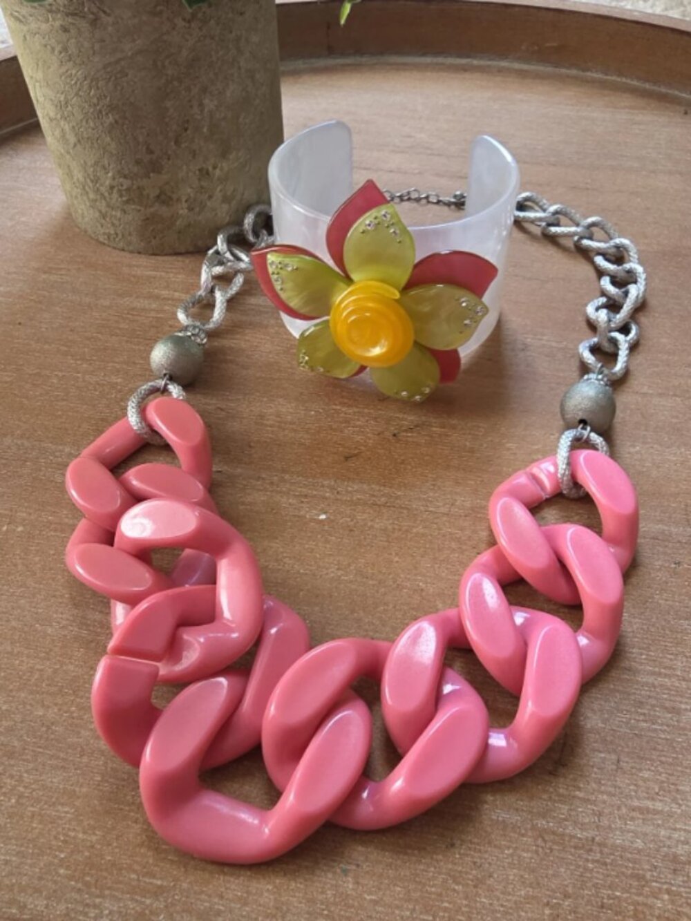 Pink Chunky Chain Statement Necklace and Flower Cuff Bracelet Set Silver Tone